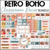 Retro Boho Classroom Decor BundleIntroducing the "Boho Retro Classroom Decor Bundle," a vibrant and eclectic collection designed to transform any learning space into a lively and inspiring environment. This thoughtfully curated bundle seamlessly blends the bohemian and retro aesthetics, creating a unique atmosphere that stimulates creativity and engages students in a visually stimulating setting.What is included:ALPHABET POSTERSALPHABET POSTERS Retro BohoClassroom Calendar SetAlphabet PostersNumber Line DisplayNumber Posters With Ten FramesAlphabet Posters2Clock NumbersDays and Months DisplayClassroom Calendar SetElevate your classroom aesthetics with the Boho Retro Classroom Decor Bundle  where bohemian charm meets retro cool, creating an inspiring space that encourages learning, collabor