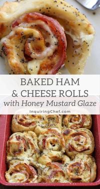 Wondering what to do with that leftover Easter ham? Make Baked Ham and Cheese Rolls with a sweet tangy Honey Mustard Glaze. #ham #hamandcheese #rolls #brunch #baking