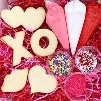 Valentine's day diy cookie decorating kit, with heart cookies, x's and o cookies, and lip cookies. With 2 types of sprinkles and red, white and pink royal icing.