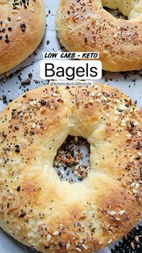 Bagels 🥯  These bagels are delicious! I store the leftovers in a ziplock bag in the fridge or freezer and then toast them when I want one. I made 4 bagels when I first made this video but now I make 5 bagels out of one batch.   RECIPE - Makes 5 bagels  • 1 & 1/2 cups freshly shredded mozzarella cheese   • 4 oz cream cheese  • 2 eggs  • 1 & 1/2 cups finely sifted almond flour   • 2 tsp baking powder   • 1/4 tsp salt  sesame seeds   STEPS:   • 1. Preheat oven to 400 degrees Fahrenheit.   • 2. Add the mozzarella and cream cheese to a microwave safe bowl and microwave for 1 minute or until melted.   • 3. Remove from the microwave and stir until combined.   • 4. Quickly add in the eggs, almond flour, baking powder and salt.   • 5. Stir it all together and then knead it for a couple of minut