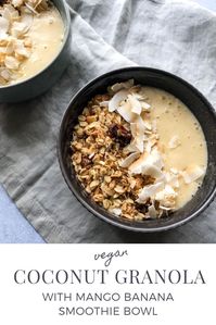 I don't know about you, but after having a smoothie bowl for breakfast I feel like I am ✨GLOWING!✨! A beacon of health. A green queen. A fruity goddess.  This coconut granola and mango banana smoothie bowl is my absolute favourite go-to brekkie! The granola is crunchy, sweet, nutty with lovely caramel-y dates dotted throughout. While the mango banana smoothie is thick, fruity, filling and just plain tasty.