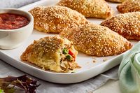 Cornish pasties with lamb and roast vegie filling