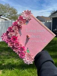 Personalized graduation cap topper, pink shades, silver, pearls, quote "Long story short, I survived". Let your personality shine✨