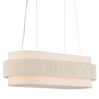 The Oval Sugar White 5-Light Chandelier features a twisted band made from recycled paper, resembling braided hair. A contemporary touch is added with the paper being painted white and wrapped around the center of an off-white shantung shade. #natural, #coastal, #chandelier