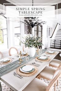 Simple Spring Tablescape - Domestically Blissful. Dining table, neutral home decor, flowers, place settings, formal dinner, white home and neutral accents. Eucalyptus and green. Beautiful Table place settings.