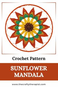 Sunflower Mandala crochet pattern that combines a beautiful crochet sunflower with gorgeous autumn leaves.  The perfect Autumnal crochet wall decoration for Fall.