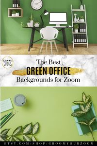 This office Zoom background pack is the ultimate solution for your work video conference calls or online school. This background has a work desk, bookshelf, and a green backdrop. Click to get these and other Zoom-ready backgrounds. #zoombackground #homeoffice #zoommeeting #onlineschool #virtualschool