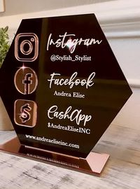 This social media sign is a great way to promote your business! It's both stylish + modern and can be personalized with your business details + your choice of mirror acrylic icons to create a beautiful 3D effect. Each piece is laser engraved + color filled (no vinyl). *Sign base will match icon color.