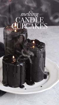 MELTED CANDLE CUPCAKES 🖤🕯My small batch black velvet cake recipe (from a few Reels back) makes 9 cupcakes and I thought I’d do something fun with them. Here’s how I made these edible (dye-free!) melty candles in case you want to give it a go! ⁣    SUPPLIES: ⁣ -9 cupcakes⁣ -3 cups of frosting ⁣ -boba straws or skewers (for stabilizing the taller candles) ⁣ -icing smoother + turntable ⁣ -ganache for dripping⁣ -3 birthday cake candles⁣ -matches  #candlecake #halloweencake #cupcakes #blackvelvetcake #blackbuttercream #naturalfoodcoloring #cake #cakesofig #cakedecorating ⁣