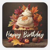 Autumn Cupcake with Colorful Fall Leaves Birthday Square Sticker | Zazzle