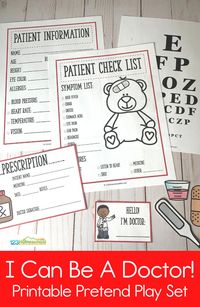 Kids will feel official and play for hours when you add these super CUTE doctor dramatic play printables free to their pretend play! This 8-page set of preschool doctor theme printables encourages creativity in toddler, pre-k, kindergarten, and first graders. So grab your doctor kit, coat, a patient, and these free printable play doctor sheets. Simply print free printable doctor pretend play and you are ready to play!