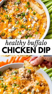 This Healthy Buffalo Chicken Dip is a lightened-up version of your favorite game-day snack. Made with shredded chicken, Greek yogurt, and cottage cheese, it has much more protein and a fraction of the fat and calories!