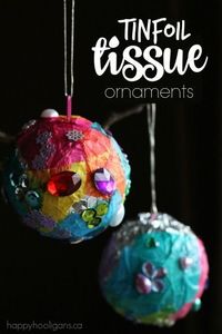 I love, love, love these simple homemade ornaments.  Sparkly, colourful and gorgeous, and they're totally easy and inexpensive to make using tin foil and a few gems and jewels.  Little kids will love the colourful process, and big kids can get really creative with the designs they make.  Hey, I'm not going to lie.  I thoroughly enjoyed making a few of my own.  - Happy Hooligans