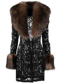 black faux-fur detailing lace detailing V-neck long sleeves concealed front fastening mid-length