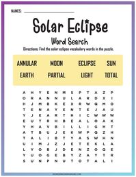 This 7-page Lunar and Solar Eclipse Activity Set includes six fun, educational activities to help children understand and learn about solar eclipses. Here's what's inside: Full-color solar and lunar eclipse information sheet Solar and lunar eclipse Venn diagram and lab activity Solar eclipse coloring and writing practice activity Solar eclipse word search Lunar and solar eclipse drawing activity Solar eclipse reporting activity PLEASE NOTE: This is a digital product. Nothing will be shipped to y