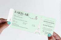 "Take off for Paris with our Paris-themed airline ticket invitation. The invitation works perfectly for any girly party: baby showers, birthdays, bat mitzvahs, bridal showers, and more! Nothing will be shipped to you! This listing is for a PDF. I will email a proof within (2) business days after receiving all of the information requested below. Print as many tickets as you wish for your own personal use! The tickets measure about 8.25\" wide (20.96cm) x 3.25\" tall (7.62cm). I have a pink and go