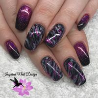 CND Shellac Black Pool & Cream Puff with Lecenté Burst Fireworks glitter & Magenta Foil over CND L&P sculpted enhancements @cndworld @lovelecente @servethepro #CND #Shellac #LoveLecenté #MyOwnHandyWork #InspiredNailDesign #S2NailArt #NailsMagazine