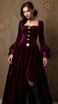 Dans un monde où l'imaginaire rencontre l'ère victorienne, cette robe steampunk incarne l'audace et la créativité. Sa riche teinte bordeaux, bien que classique, s'anime des détails raffinés : les poignets en dentelle évoquent la délicatesse