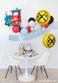 Decorate your train themed party with this awesome classic train balloon cloud kit that makes an amazing 6-foot balloon garland! Balloon cloud kit includes everything you need to make this awesome balloon cloud: Assorted 11” (large) & 5” (small) train-themed latex balloons in matte blue, red, black and white, made in USA Fishing line Choice of with or without balloon hand pump, made in the USA Full, easy to follow instructions Check out this easy step-by-step video tutorial that we created on ho