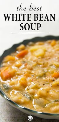 Once you try this amazing white bean soup, you’ll want more! It’s thick, delicious, healthy, and so easy. Perfect for dunking crusty bread in. #veganrecipes #souprecipes #cannellinibeanrecipes #cheapmeals #glutenfreerecipes #healthydinnerrecipes #beansoup #vegetarinarecipes #beanrecipes