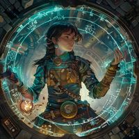 A female alchemist with brown hair in braid, wearing green and blue covered in symbols of the elements is standing inside an airship circle surrounded by runes holding up her hands to cast spells. She has glowing eyes. In style art of D&D character portrait. The background shows mechanical gears, wires and steampunk technology. fantasy illustration