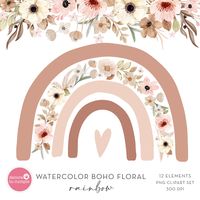 Boho Rainbow Floral Watercolor Neutral Earthy Colors Clipart Set, Pastel Neutrals Dusty Pink, Nursery Clipart, Instant Download - Etsy