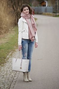 Shop this look for $524:  http://lookastic.com/women/looks/jacket-and-scarf-and-jeans-and-shopper-handbag-and-ankle-boots/1944  — White Leather Jacket  — Pink Scarf  — Light Blue Jeans  — White Leather Tote Bag  — Grey Leather Ankle Boots