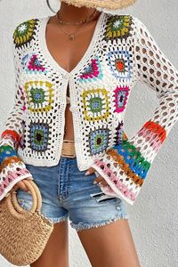 Vibrant Geometric Pattern Long Sleeve Knitted Cardigan - Semi-Sheer, Micro Elasticity, Hand Washable, Perfect for Spring\u002FFall Vacation - Womens Crochet Cover Up Beach Wear