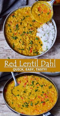 This easy, creamy red lentil dahl (masoor dal curry) is frugal, hearty, comforting, flavorful, packed with plant-based protein, and ready in just 30 minutes! Serve with home-cooked rice and naan bread for a gluten-free, dairy-free Indian-inspired feast! #redlentildahl #lentildal #masoordal #dalrecipe #vegancurry #elasrecipes | elavegan.com