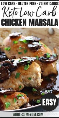 6-Ingredient Easy Low Carb Chicken Marsala (Paleo,Gluten-Free) - This easy, one-pan low carb chicken marsala recipe is gluten-free, paleo, whole 30, and made with just six ingredients in a skillet. #wholesomeyum #keto #lowcarb #dinner #chickenrecipe