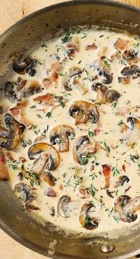 Mushroom Sauce with Bacon and Thyme - recipe on JuliasAlbum.com