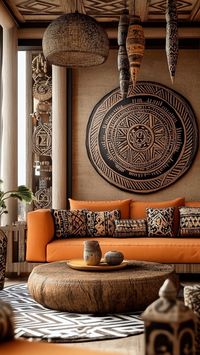 Immerse yourself in this tribal-inspired living room featuring bold patterns, earthy tones, and unique decor. A space filled with culture and warmth. Discover more inspiring interiors at Weekly Villas!