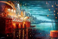 "Title: Benares (Varanasi) Ghat Medium: Oil on Canvas Size: 24\" x 36\" or 36\" x 48\""