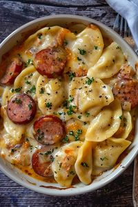 Crockpot Pierogi Casserole with Kielbasa - That Oven Feelin