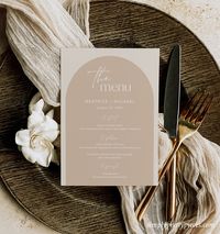 "These instant download, printable menu templates have a stylish arch design and will look beautiful on your table settings. They are easy to edit and feature a taupe and beige color palette and a modern font. Two templates are included so you can choose the size you prefer. It can be fully edited using TEMPLETT which is a fully customizable template editor that allows you to quickly and easily customize digital templates. After your purchase you will get instant access to your template(s) via a