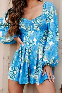 Charismatic Moment Floral Printed Long Sleeve Romper (Blue/Green) – NanaMacs