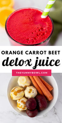 This homemade healthy detox juice from The Yummy Bowl is made from fresh beets, carrots, and oranges is amazingly tasty and packed with nutrients. It's rich in Vitamin C, an antioxidant that promotes good blood circulation. It's delicious, nutritious, and incredibly easy. Give it a try!