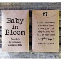 "Introducing \"Baby in Bloom\" Seed Packet Baby Shower Favors. Customize with provided examples or your own personal touch. Celebrate the upcoming arrival with these delightful favors, symbolizing the growth of new life. A perfect way to share joy and anticipation with your guests. PACKETS:     * Size: 2.75\" x 4.25\", 65 lb card stock, black ink design.     * Pre-assembled         *  If you are purchasing without seeds: The flaps can be sealed with a dot of quick-drying glue or double-sided tap