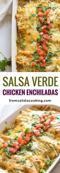 Covered in an easy Homemade Tomatillo Salsa Verde, these baked Mexican Salsa Verde Chicken Enchiladas are great for dinner and make tasty leftovers that everyone will be excited to eat. It's one of my favorite recipes and is also gluten free!