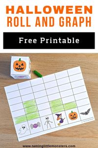 Halloween Roll and Graph - Free Printable for Kids. Grab your copy of this free math activity for preschool and kindergarten. A fun halloween themed activity for your maths center. #halloween #math #freeprintable #preschool #kindergarten