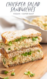 This simple chickpea salad sandwich is a creamy and filling vegetarian lunch idea that we whip up all the time! Like a chickpea tuna salad but totally vegan, made with a few flavorful but simple ingredients. My husband asks me to make this for him to take to work ALL the time! #vegan #vegetarian #chickpea #easy