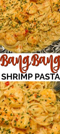 This Bang Bang Shrimp Pasta has the most scrumptious creamy sauce that is ready in about 20 minutes.  This recipe is truly one of the best shrimp recipes ever!  rn