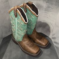 Brand New Genuine Cowboy Boots. Never Been Warn. Beautiful Emerald Green And Chocolate Brown With Intricate Detailing.