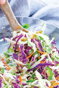 Spicy Slaw Recipe | Balanced Bites - Such an easy side, and it's great with tacos, burgers, even sandwiches! Throw this together in less than five minutes and let it sit if you can, it's even better when the flavors have a chance to mix together! Bring it to your next BBQ - you might want to bring the recipe too, because people will ask 😉. The recipe is at balancedbites.com, and shop our store while you're there! Use code BBPIN15 for 15% off your first order.