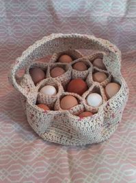 This wonderful basket is great for collecting eggs in your coop. It helps keep them separated and decreases cracked eggs. It holds a baker's dozen (13). It will fit turkey eggs, duck eggs and chicken eggs. It is made with 100% cotton yarn and is machine washable and dryable. There are more colors available than in this listing, please visit my shop to see other colors.  *Crafted in a smoke-free home.  Refund/Return Policy All refunds/returns/exchanges for crocheted work, jewelry, chicken saddles are decided on a case-by-case basis. I want you to be thrilled with your purchase & will do what I can to help you be happy. Refunds/returns/exchanges for other items can be arranged by e-mailing duffneysbirdbarn@gmail.com. Items are entitled to be refunded or returned based on the complaint. If an