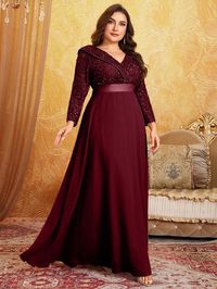 Doll V-Neck 3/4 Sleeve Sequin Patchwork Big Hem Formal Dress Burgundy Glamorous,Party  Wrist-Length Sleeve Chiffon Colorblock,Plain,All Over Print A Line Non-Stretch  Weddings & Events, size features are:Bust: ,Length: ,Sleeve Length: