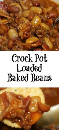 Easy Slow Cooker Recipe for tailgating! These Crock Pot Loaded Baked Beans are perfect for any time of year. Just drop everything in the crock pot, stir, and allow to slow cook! These are perfect for picnics, tailgating, and potlucks. Use chili beans, butter beans, and baked beans paired with ground beef and bacon to make these. Pin to your slow cooker pinterest board. 