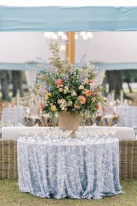 Gorgeous Florals and Champagne Table Numbers | Blue and white Patterned Table Linens | Stradley Davidson Linen: Hart Chambray