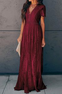 KaleaBoutique Beautiful Burgundy Deep V Neck Short Sleeve Lace Maxi Dr