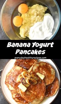 Banana pancakes with yogurt are light, airy and full of banana flavour. They are made using whole wheat flour and do not contain any milk. Healthy, simple to make and delicious, these banana yogurt pancakes taste great the next day, too! #bananapancakes #healthypancakes #yogurtpancakes #wholegrainpancakes #everydayhealthyrecipes